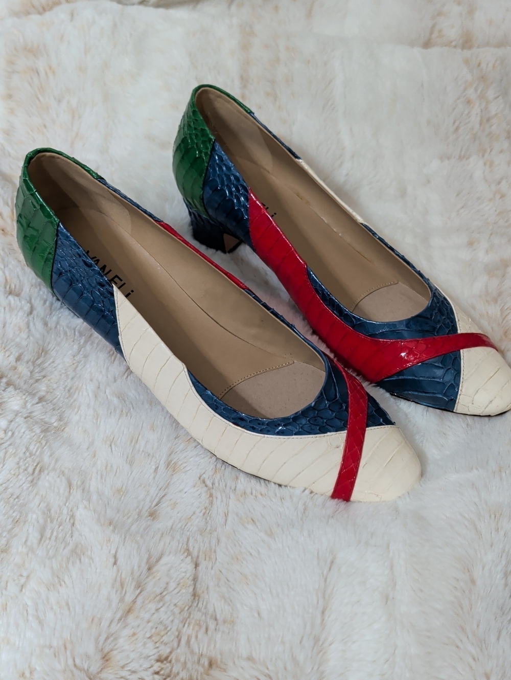 Vintage 80a Leather Vaneli Multicolor  Low Heels  Blue, Red, Green, Cream